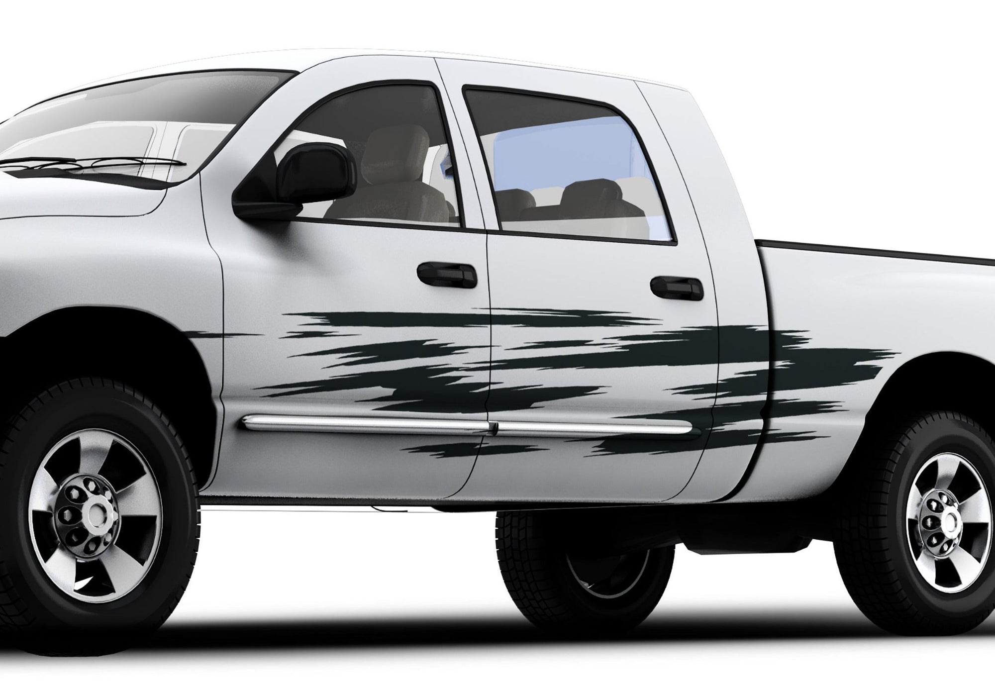 white truck with scratch style 4 vinyl stripes decals on its driver side