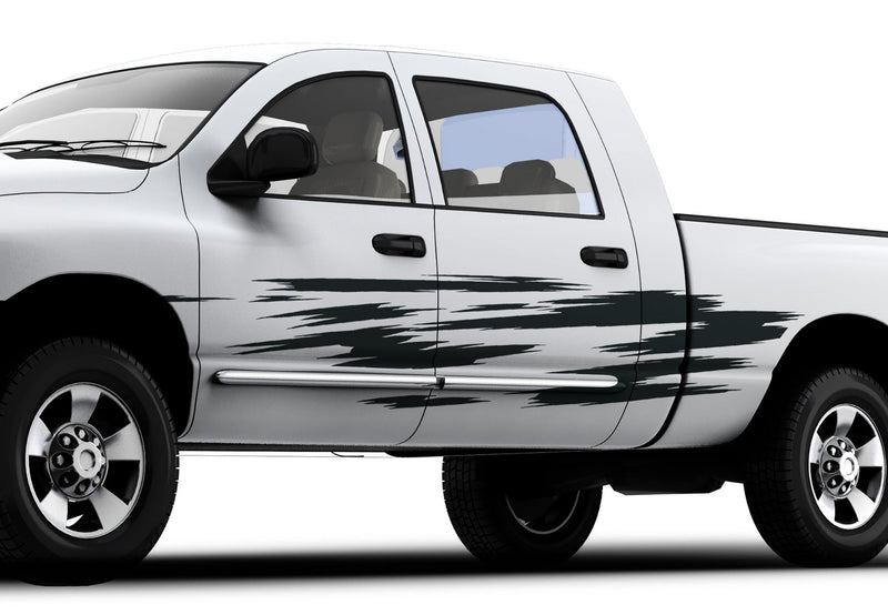 white truck with scratch style 4 vinyl stripes decals on its driver side