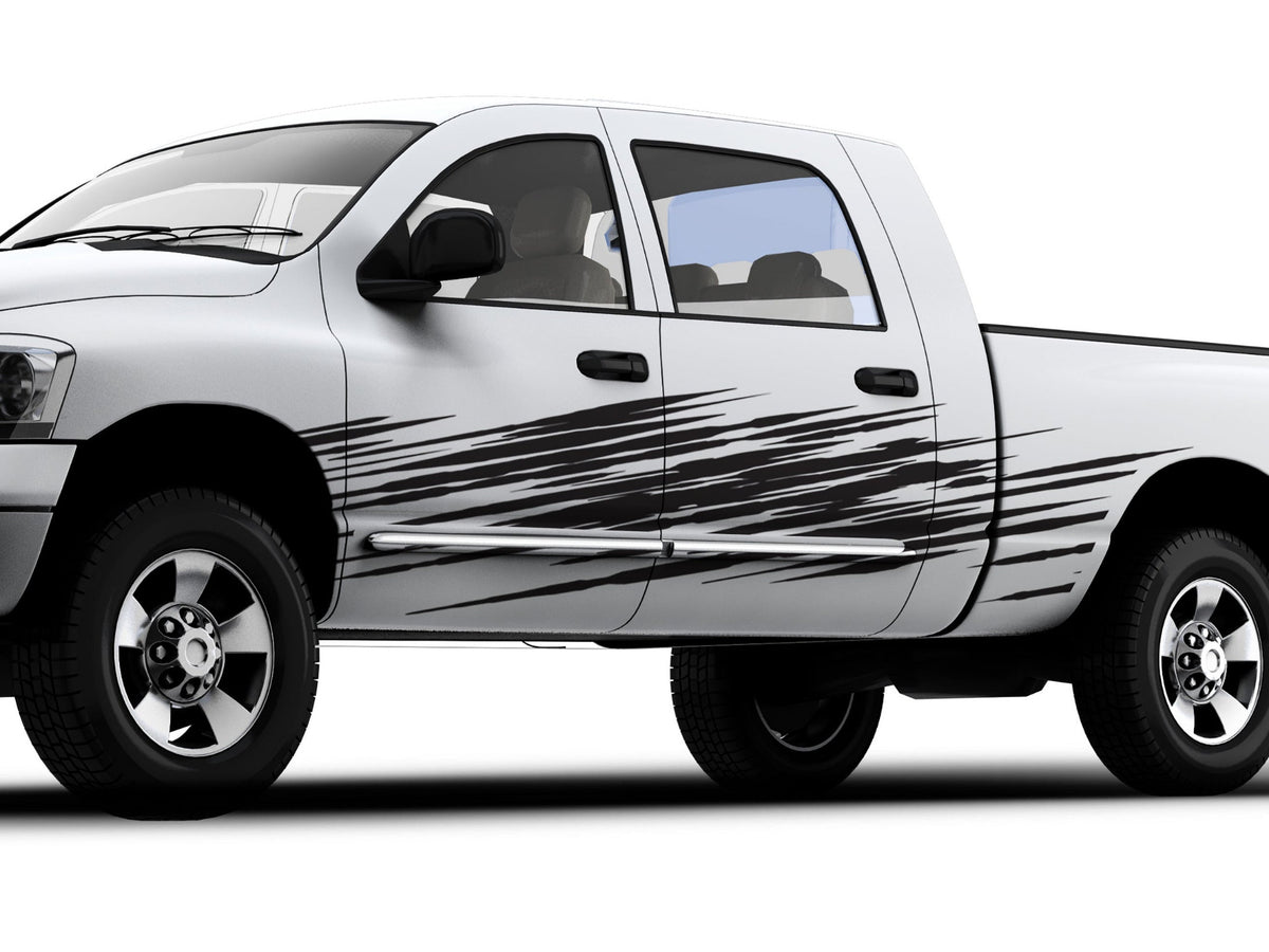 white truck with scratch vinyl stripes decals on its driver side
