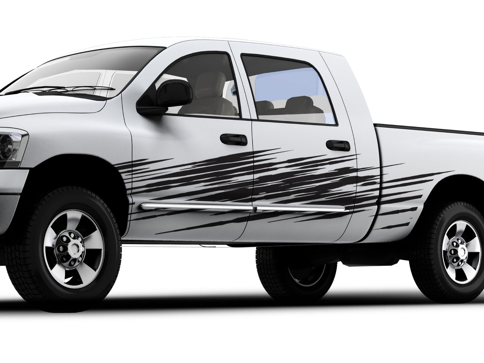 white truck with scratch vinyl stripes decals on its driver side