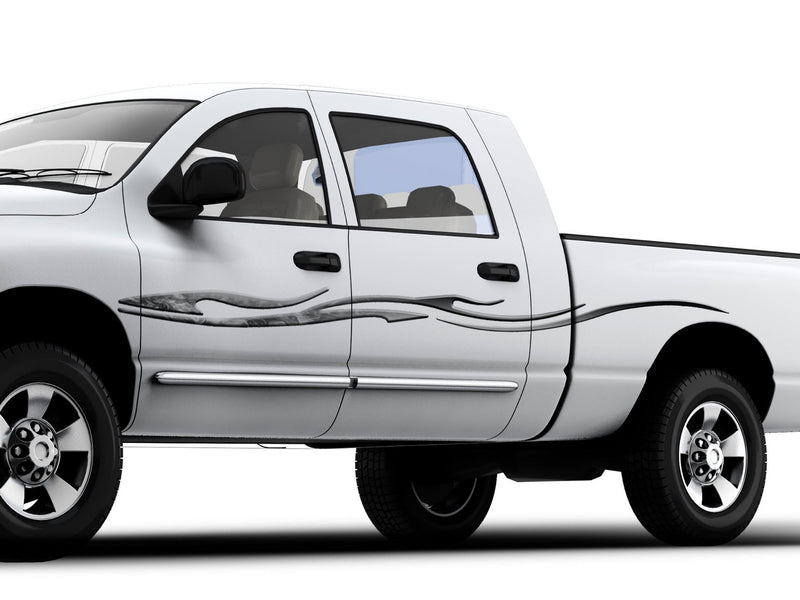 white truck with silver viper stripe decal on driver side