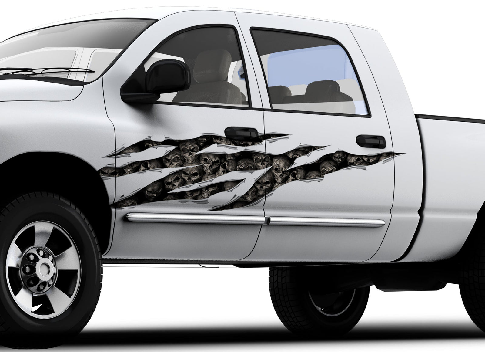 white truck with skulls big rip decal on driver side