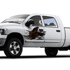 White pickup truck with a bald eagle decal on its front door