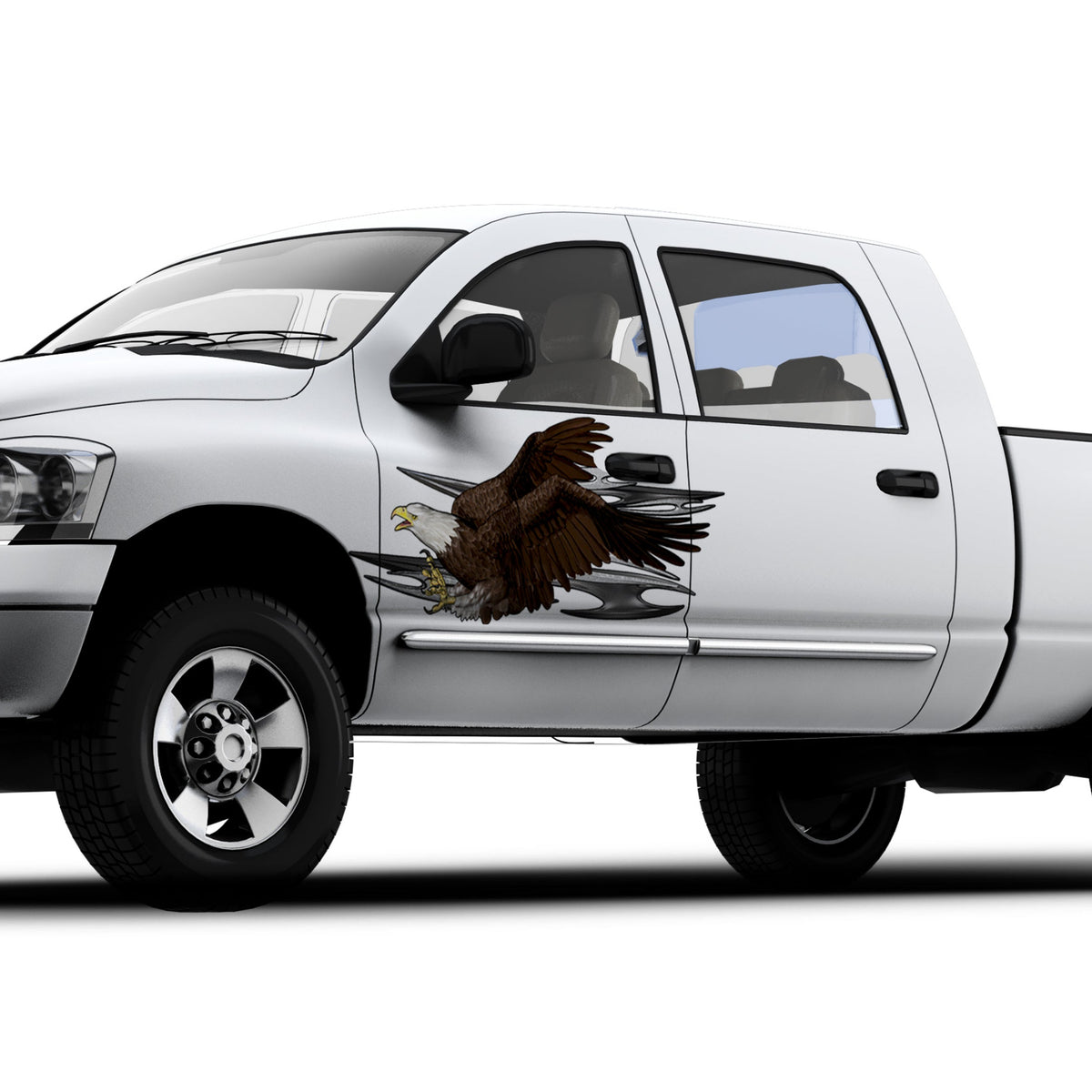 White pickup truck with a bald eagle decal on its front door