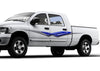 white truck with viper spear blue stripe vinyl graphics on driver side