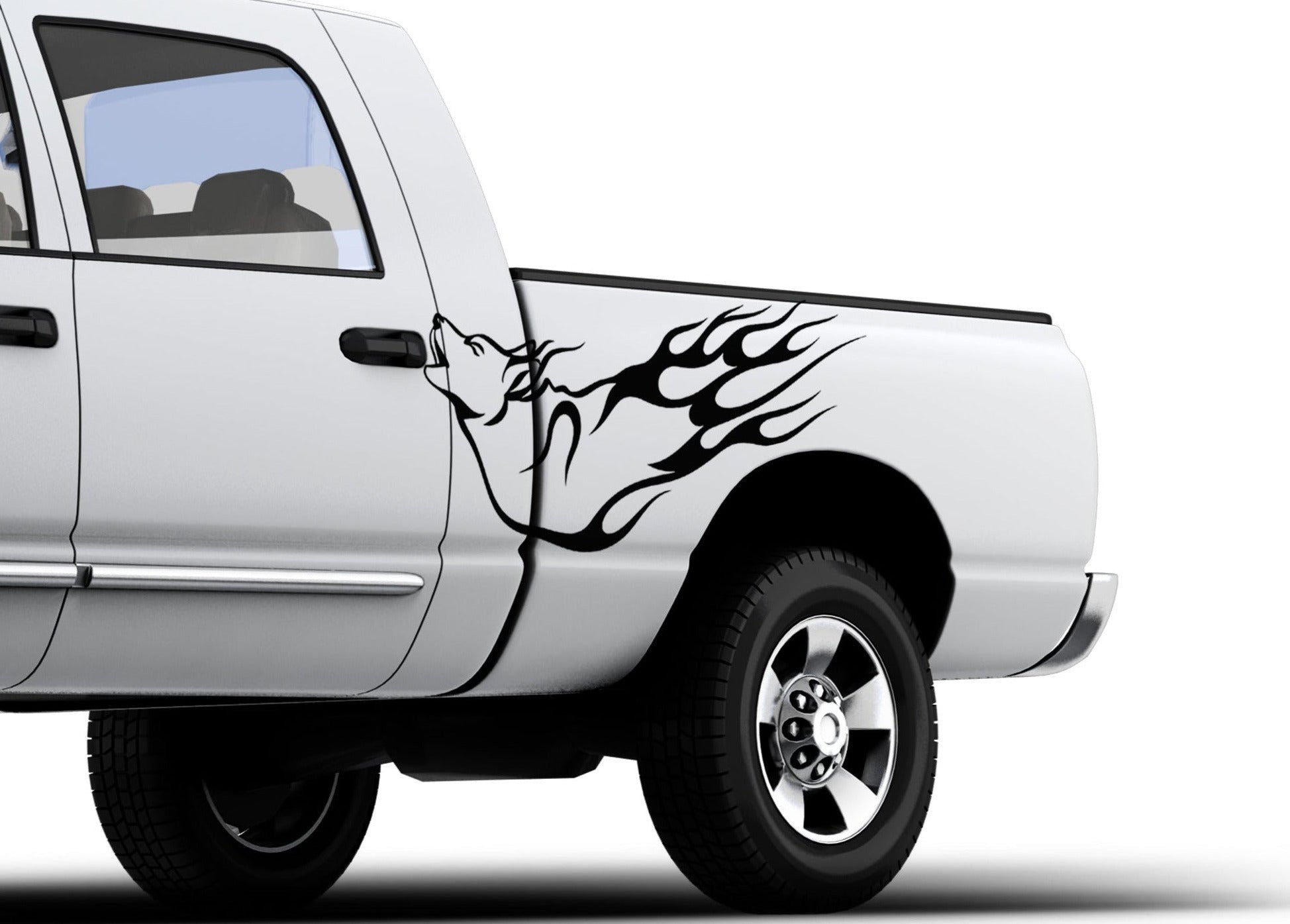 white sports car with howling wolf vinyl cut decal on driver side