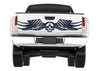 white truckwith chrome skull checkered flag decal on tailgate door
