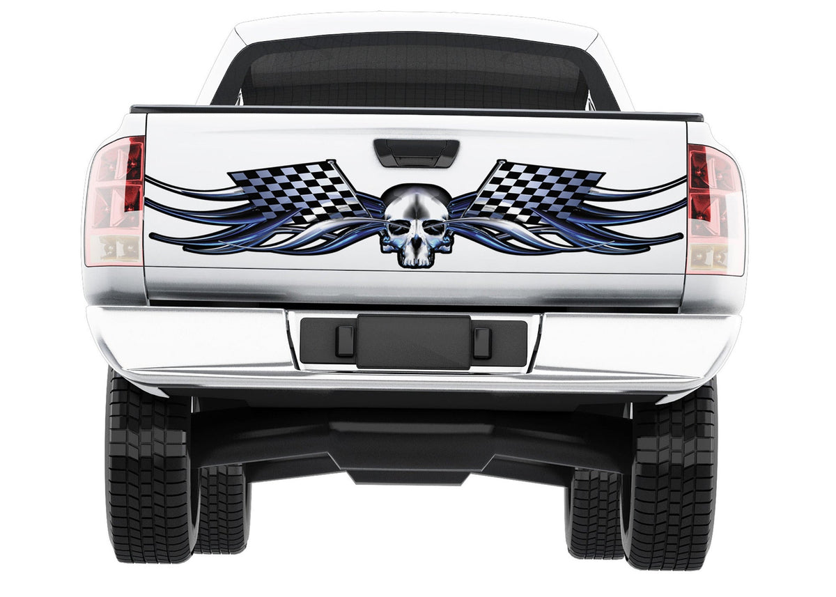 white truckwith chrome skull checkered flag decal on tailgate door