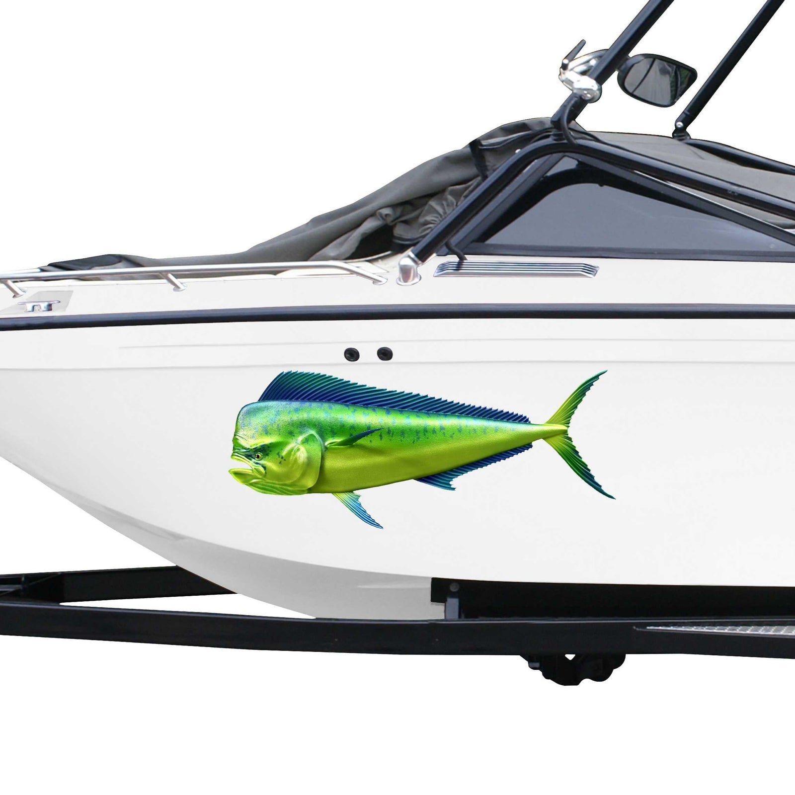 white boat with mahi mahi fish decal on the side of it