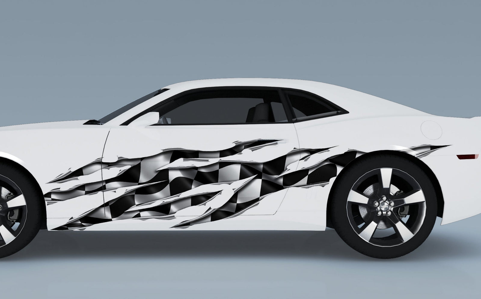 white camaro with checkers big rip decal on driver side