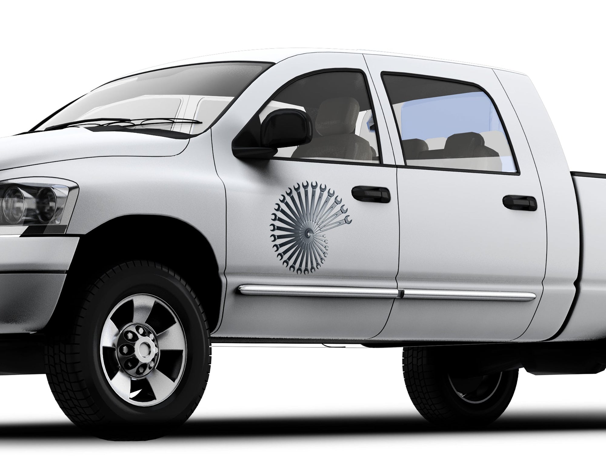 white pickup with circle of wrenches vinyl graphics on drivers door