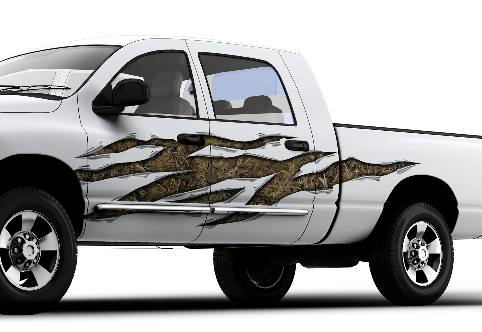 white pickup with marshland camo rip large decal on driver side