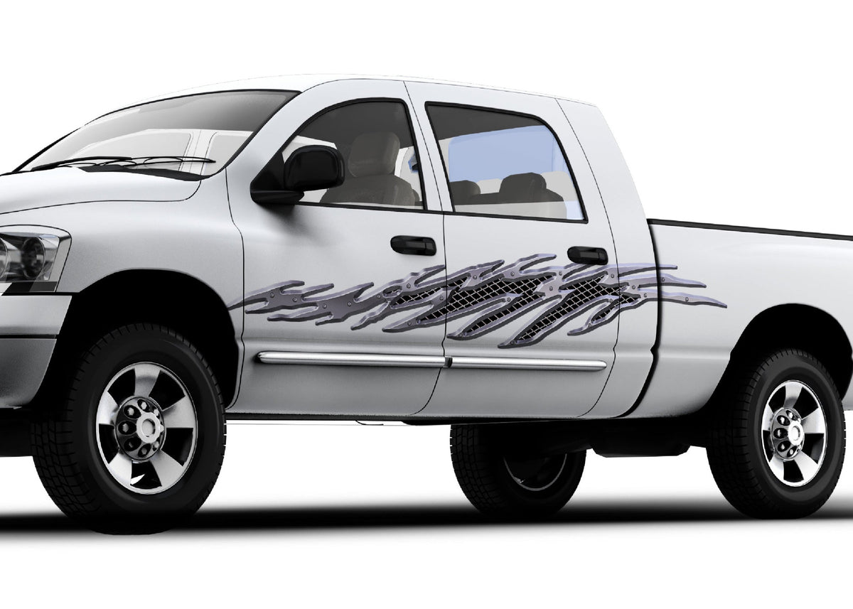 white pickup with metal style flamesurge vinyl decal on driver side
