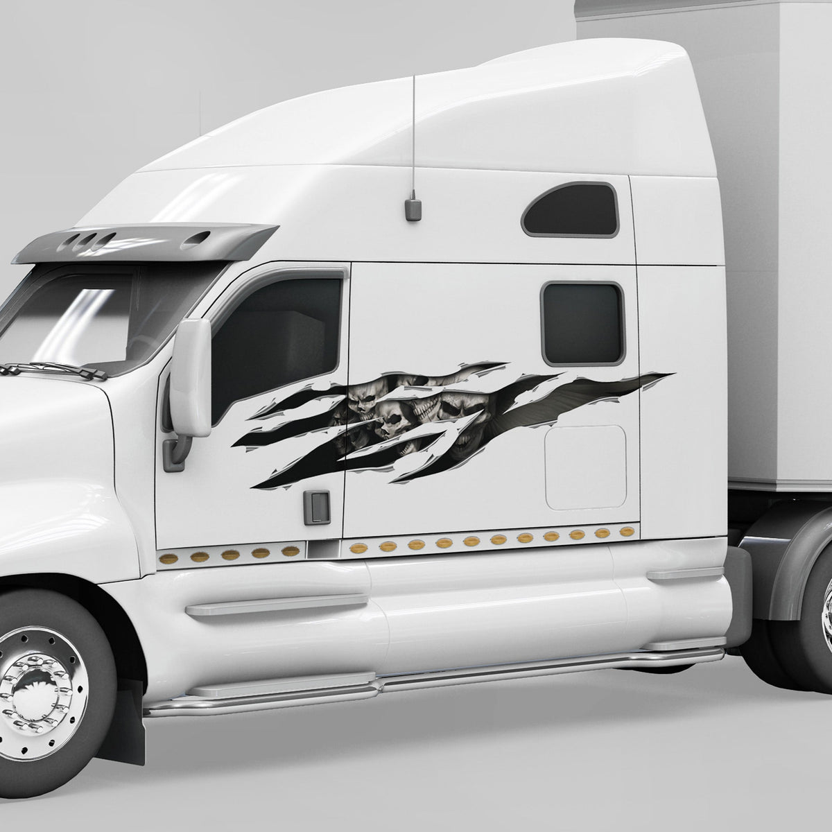 white semi big rig with large skulls rip tear decal on driver side