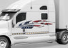 white semi trailer truck with American flag Comet Arc vinyl graphic design on driver cab side