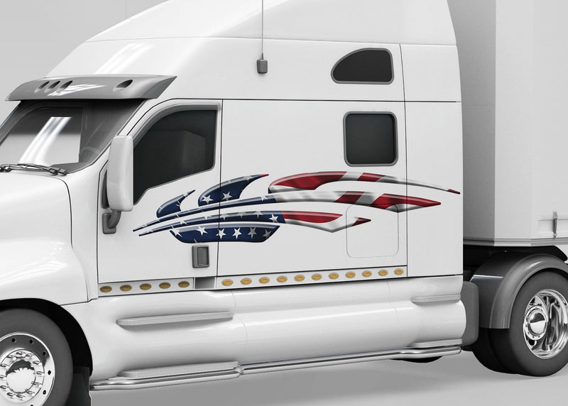 white semi trailer truck with American flag Comet Arc vinyl graphic design on driver cab side