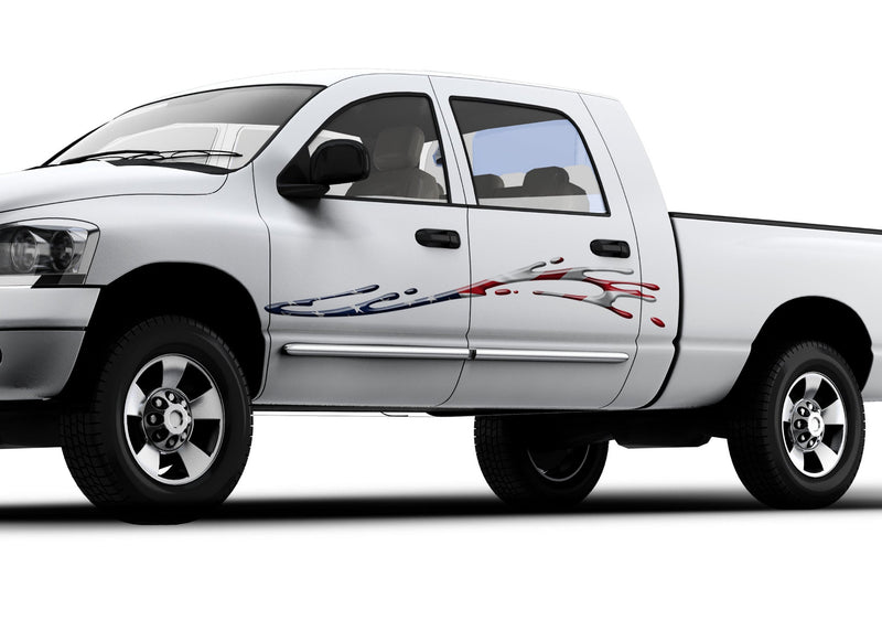 white truck with American flag mud splash vinyl graphics on driver side