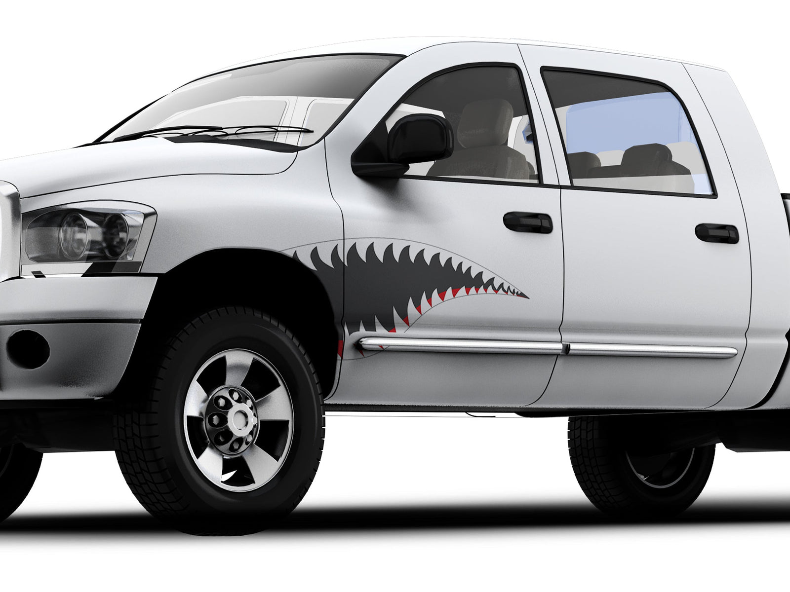 white truck with fighter jet teeth style decals on driver side