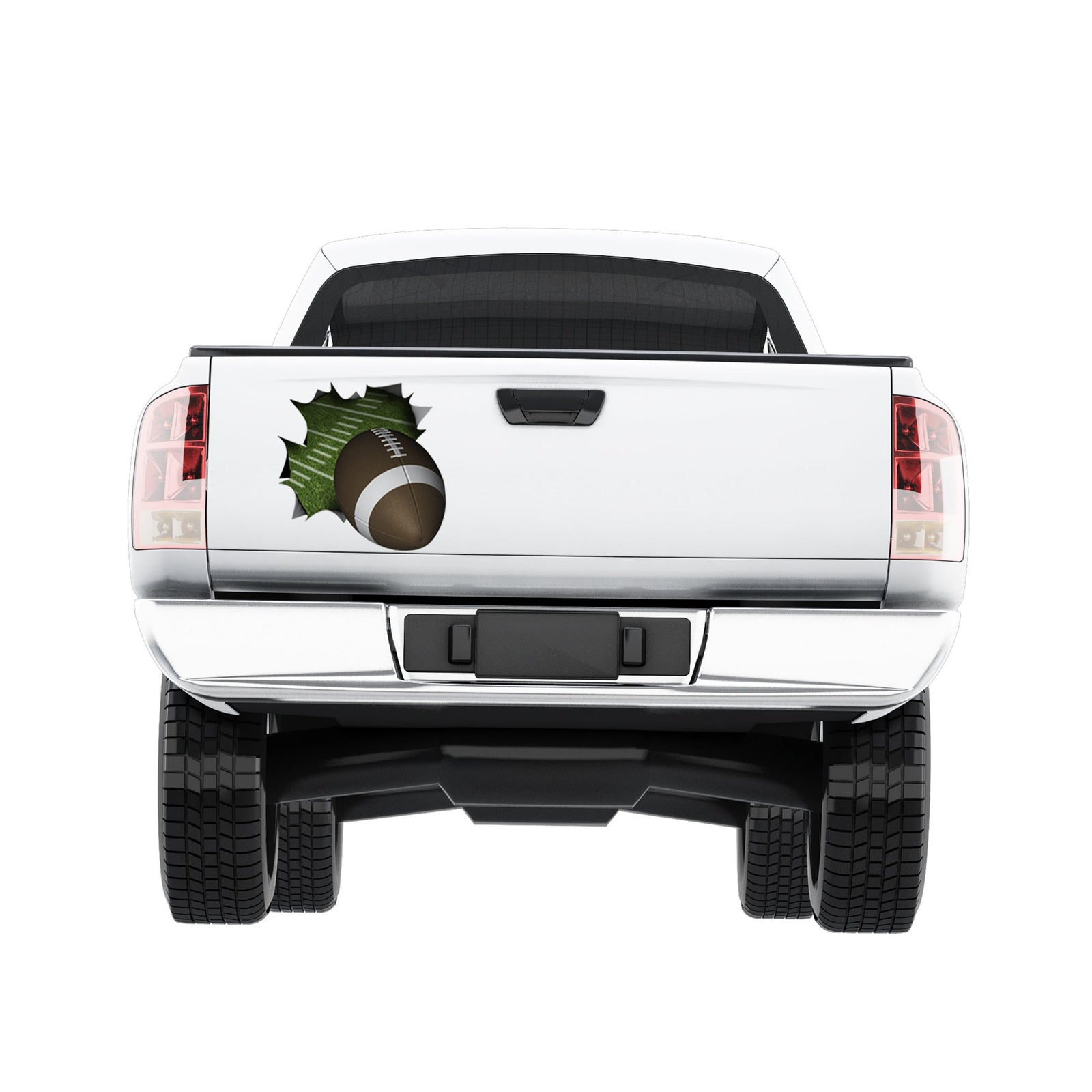 White truck with a football tearing out of the back of tailgate decal