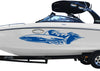 white boat with blue shark flames vinyl graphics on port side