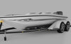 white boat with sky silver large graphics on it side