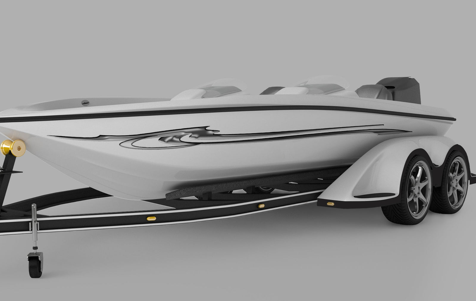 white boat with sky silver large graphics on it side