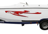 A white speedboat on a blue and black dual-axle trailer, featuring a large red smear graphic decal on the side. 