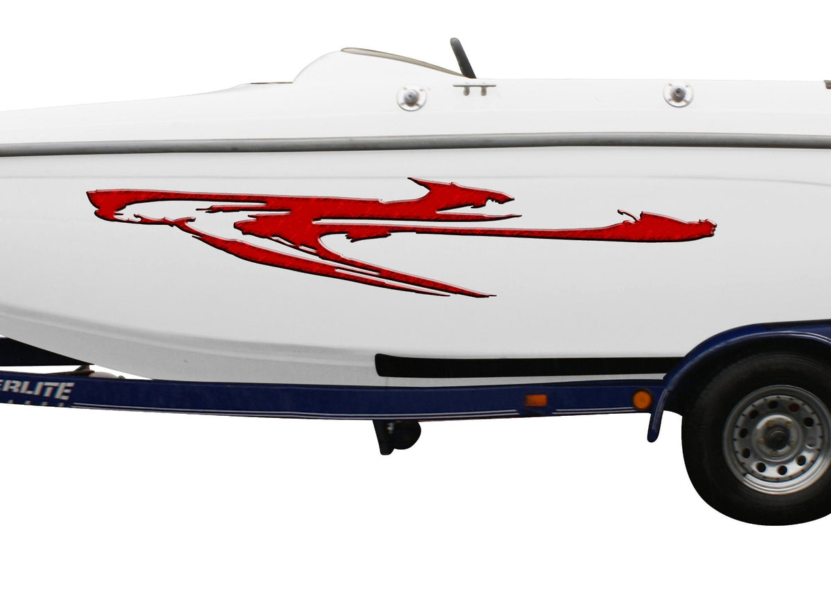 A white speedboat on a blue and black dual-axle trailer, featuring a large red smear graphic decal on the side. 