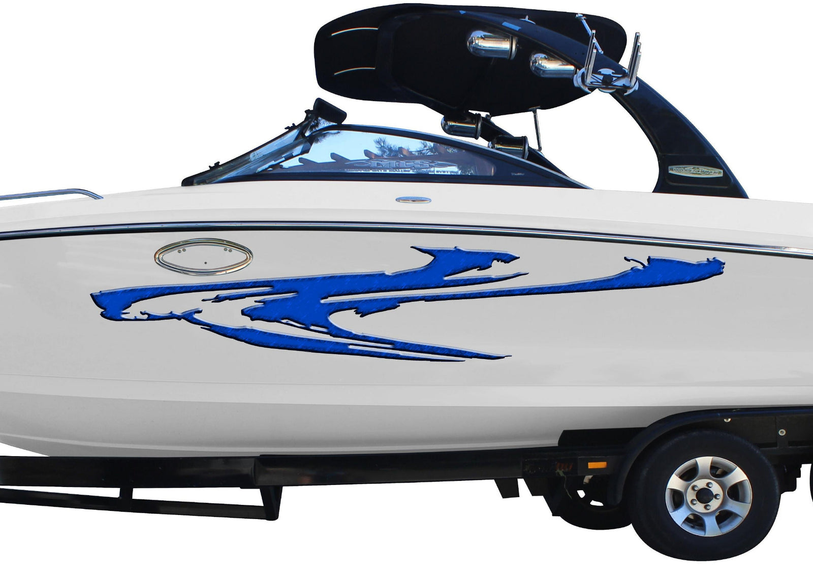 whtie speed boat with blue smear decal on hull