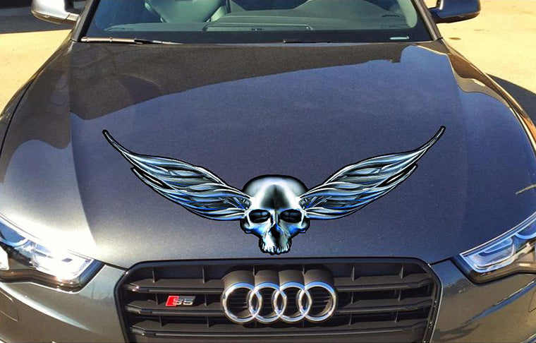 chrome winged skull on audi car hood 