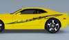 yellow camaro sports car with checkers pulse vinyl decal on driver side