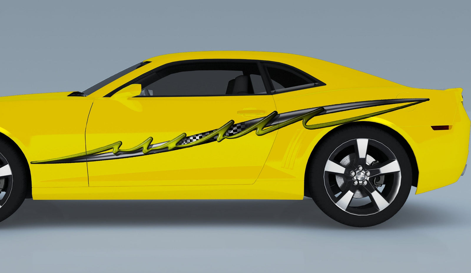 yellow camaro sports car with checkers pulse vinyl decal on driver side