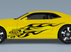 yellow camaro sports car with jaguar flames vinyl cut decal on driver side