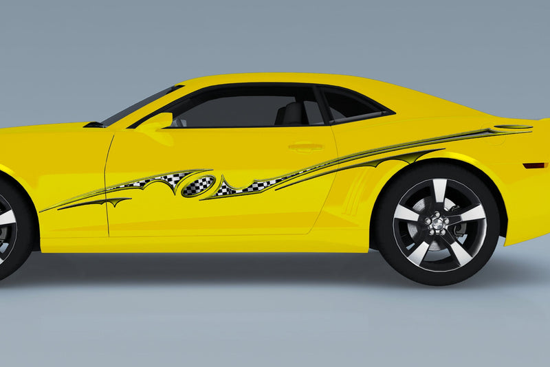 yellow camaro with aurora checkered flag stripe decal on driver side