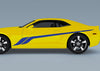 yellow camaro with blue sportline vinyl stripe decal on driver side