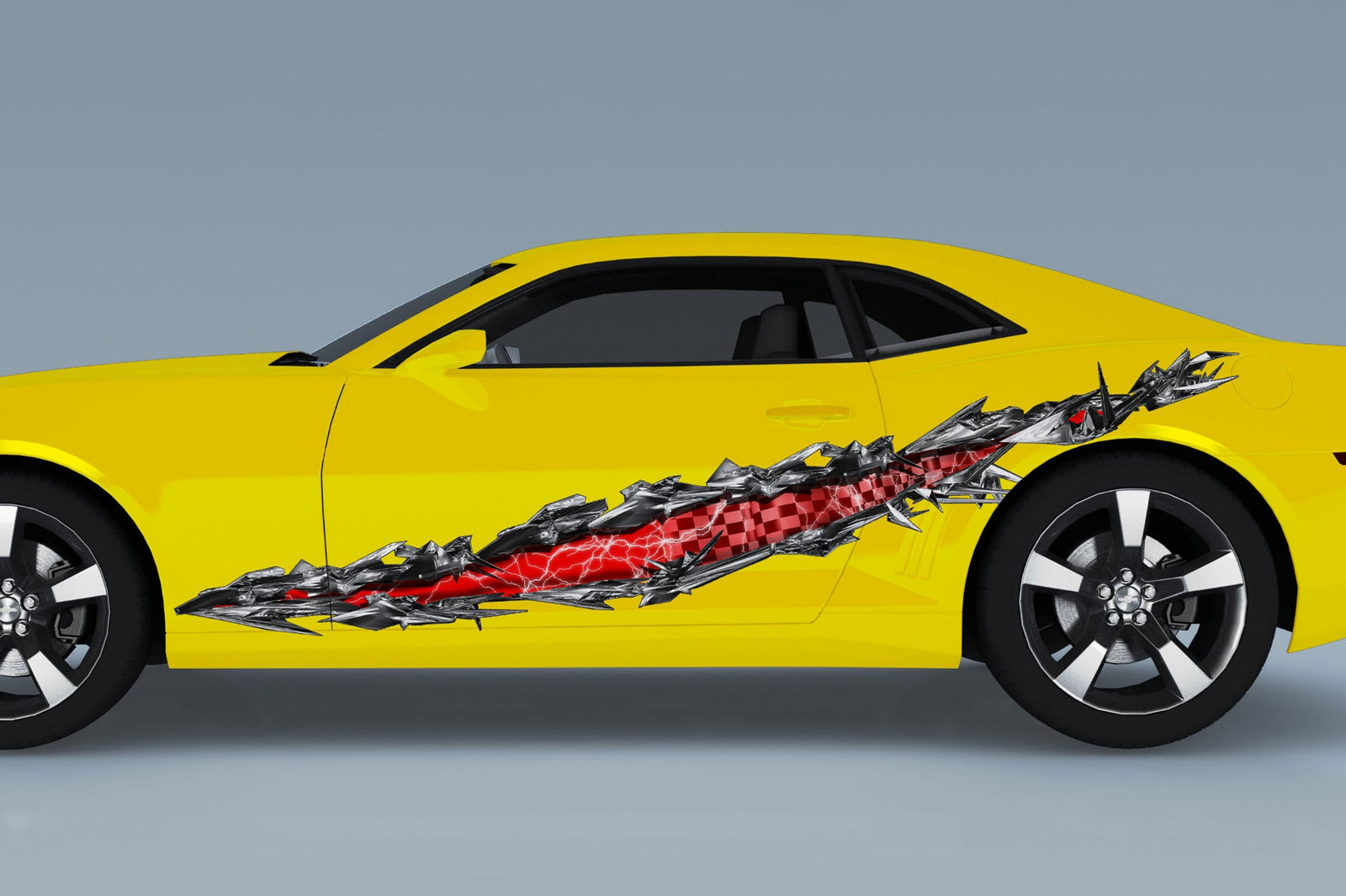 yellow camaro with checkered flag ripper tear vinyl racing graphics on driver side