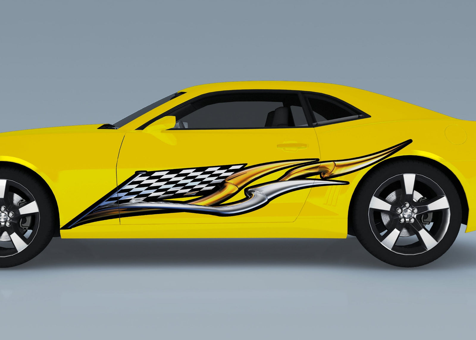 yellow camaro with checkered flag wing racing decal on driver side