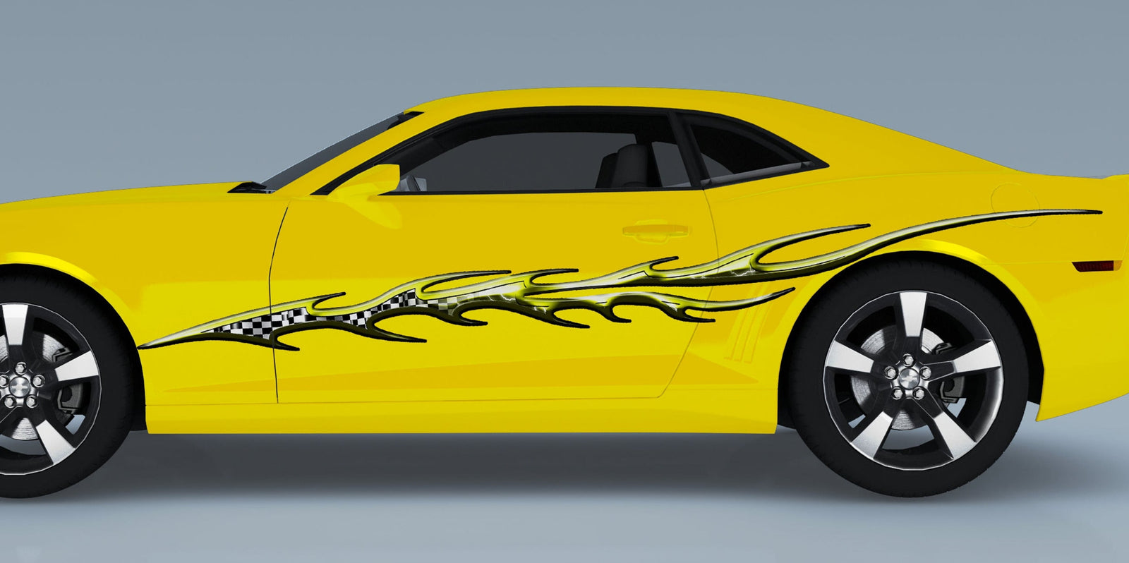 yellow camaro with checkers flames vinyl graphics on driver side