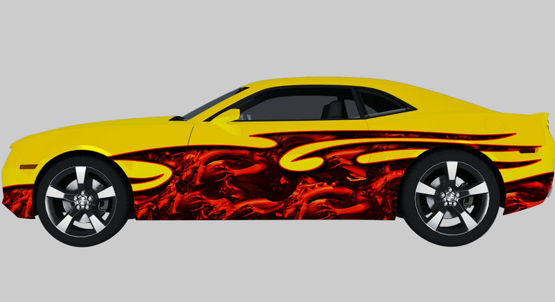 Yellow camaro car with red dragons attack wrap on driver side