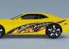 yellow camaro with fire checkers wave vinyl graphics on driver side