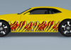 yellow camaro with red chrome zeba style stripes on driver side