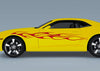 yellow camaro with red vinyl flames decal on driver side