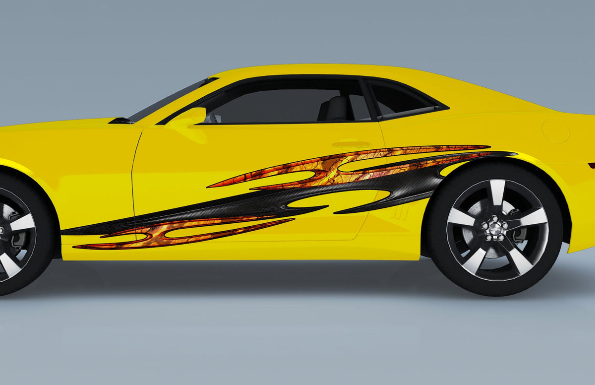 yellow camaro with tribal carbon fiber decal on driver side