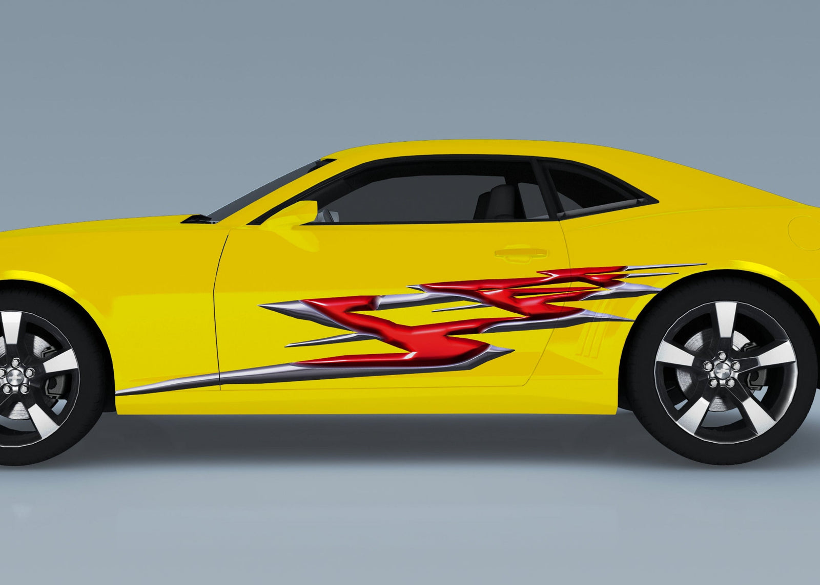 yellow camaro sports car with chrome red spearfire flames vinyl graphics on driver side