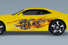 yellow camaro with dragon flame vinyl graphics on driver side