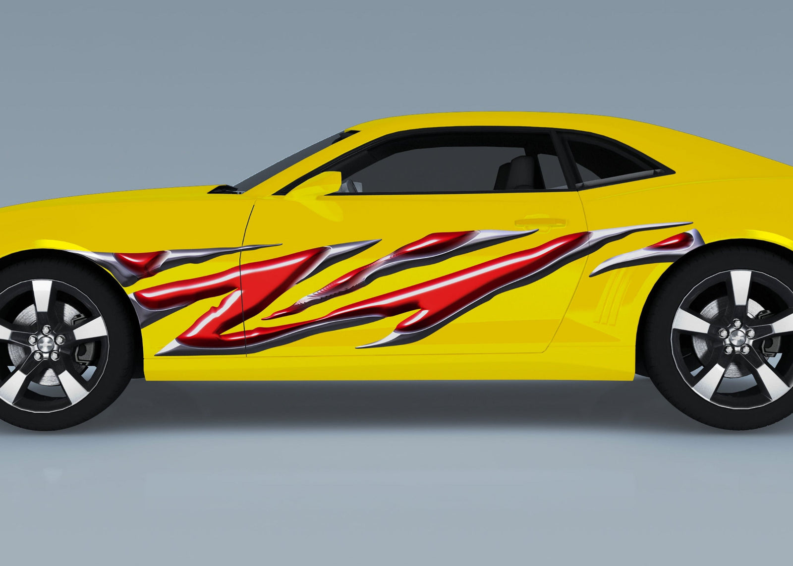 yellow camaro with red chrome razor grid vinyl decal on driver side