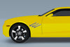 yellwo camaro with chrome exhust pipe illusion decal on fender side