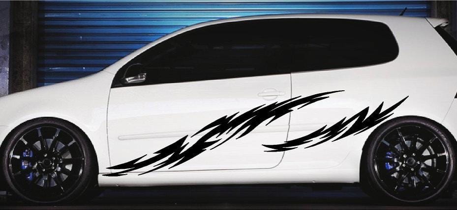 tribal vinyl cut flames decals on white car