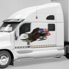 American flag bald eagle graphic large graphic sticker on the side car of white semi truck.