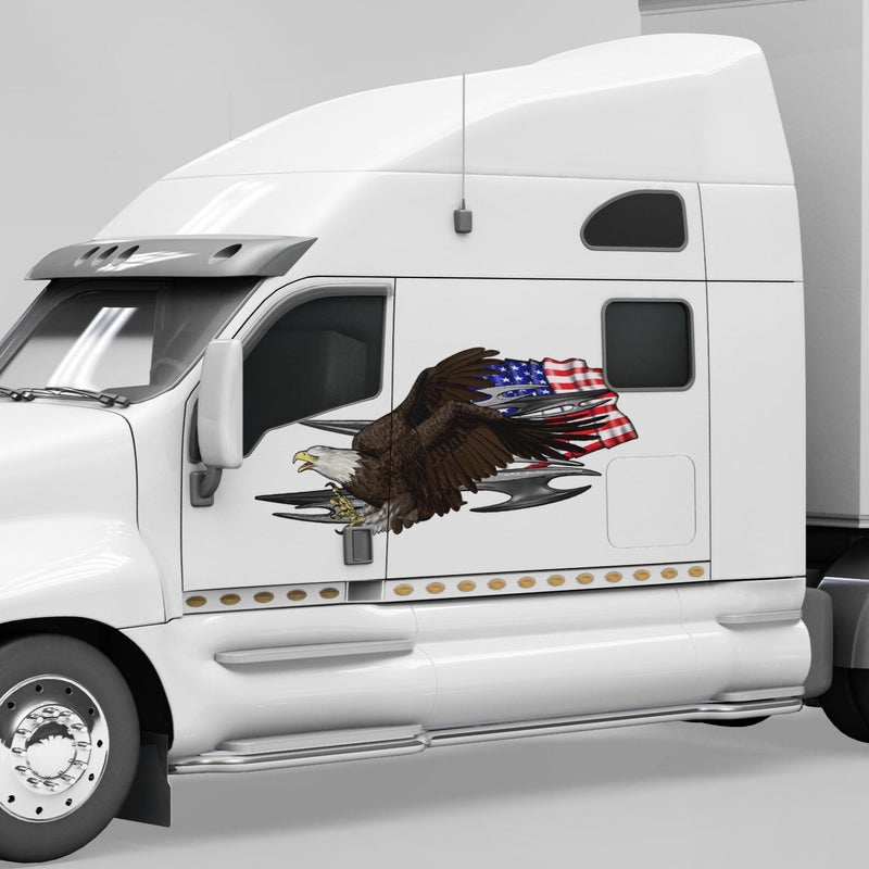 American flag bald eagle graphic large graphic sticker on the side car of white semi truck.